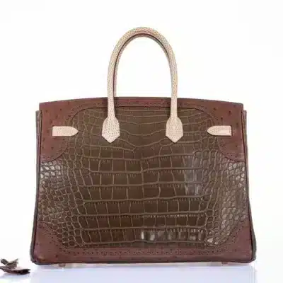 Hermès Rare Collectible Birkin 35 Gris Elephant/Etrusque/Ficelle Tri-Exotic Ghillies Grand Marriage Permabrass Hardware Affordable designer bag dupes