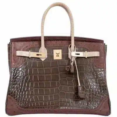 Hermès Rare Collectible Birkin 35 Gris Elephant/Etrusque/Ficelle Tri-Exotic Ghillies Grand Marriage Permabrass Hardware Affordable designer bag dupes