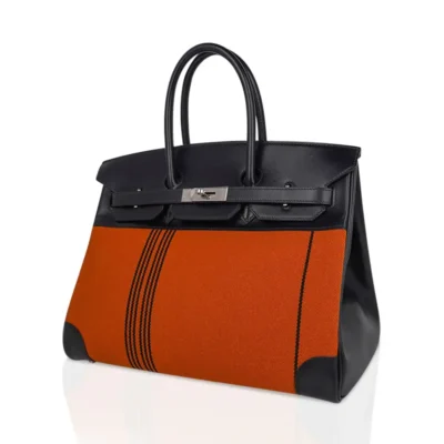 Hermès Rare Collectible Birkin 35 Orange Potamus Toile/Box Calf Palladium Hardware Fake luxury bags for sale