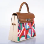 Hermès Rare Collectible Kelly 25 Multicolor Swift Kellywood Perspective Cavalière Palladium Hardware Quality Replica