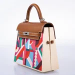 Hermès Rare Collectible Kelly 25 Multicolor Swift Kellywood Perspective Cavalière Palladium Hardware Quality Replica