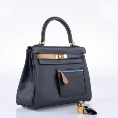 Hermès Rare Collectible Kelly 25 Retourne Bleu Nuit Swift Colormatic Gold Hardware Lushentic Bags