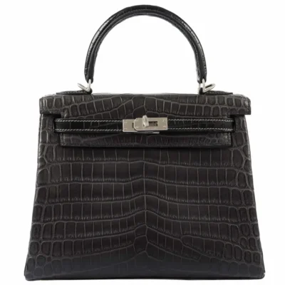 Hermès Rare Collectible Kelly 25 Retourne Graphite Matte Niloticus Crocodile Brushed Palladium Hardware Replica Bags