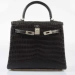 Hermès Rare Collectible Kelly 25 Retourne Graphite Matte Niloticus Crocodile Brushed Palladium Hardware Replica Bags