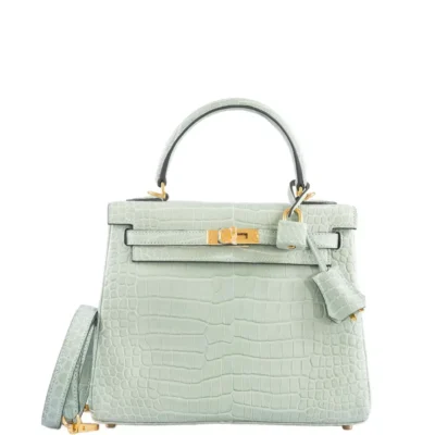 Hermès Rare Collectible Kelly 25 Vert D'Eau Matte Porosus Crocodile Gold Hardware Lushentic bags