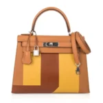 Hermès Rare Collectible Kelly 28 Sellier Toffee/Jaune Ambre/Fauve Box Calfskin Palladium Hardware Quality Rep