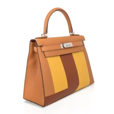 Hermès Rare Collectible Kelly 28 Sellier Toffee/Jaune Ambre/Fauve Box Calfskin Palladium Hardware Quality Rep