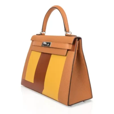 Hermès Rare Collectible Kelly 28 Sellier Toffee/Jaune Ambre/Fauve Box Calfskin Palladium Hardware Quality Rep