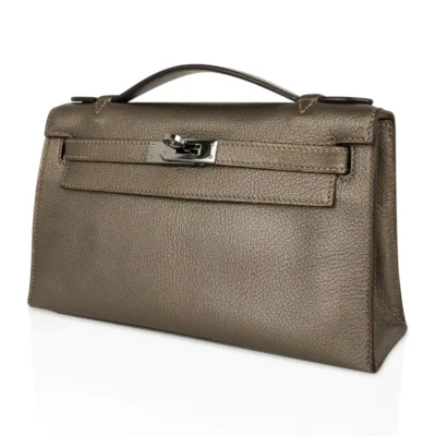 Hermès Rare Collectible Kelly Pochette Metallic Bronze Chevre Palladium Hardware luxury bags