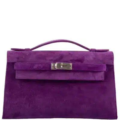 Hermès Rare Collectible Kelly Pochette Violet Veau Doblis Suede Palladium Hardware luxury bags