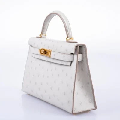 Hermès Rare Collectible Mini Kelly 20 II Sellier Gris Perle Ostrich Gold Hardware Lushentic Grade Bags