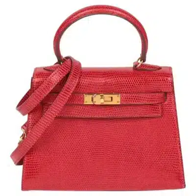 Hermès Vintage Mini Kelly 20 Rouge Vif Niloticus Lizard Gold Hardware